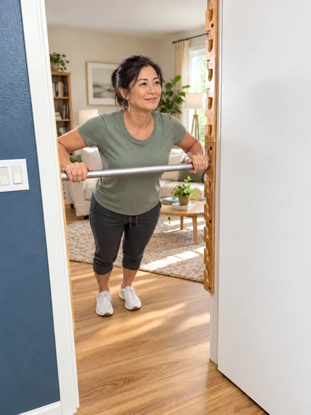 A middle-aged Asian woman doing an incline push-up with both feet on the floor