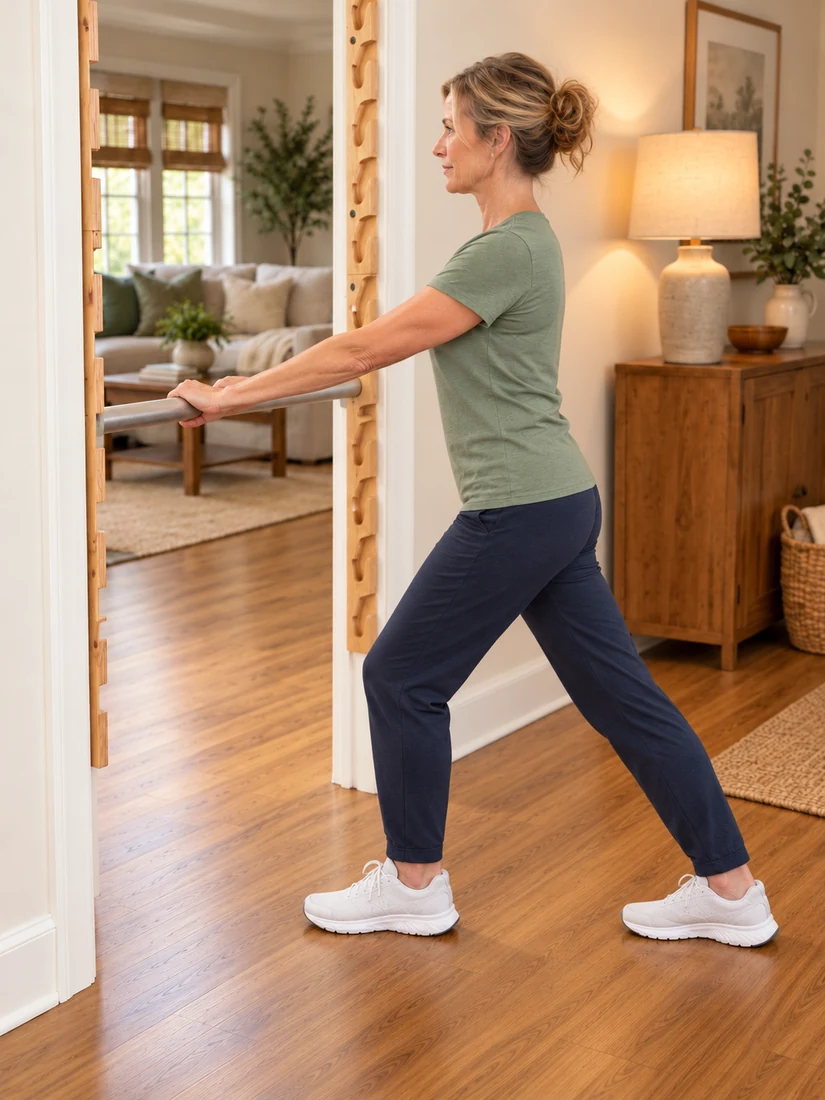 A woman facing the bar during an upright calf stretch, with her back heel on the floor
