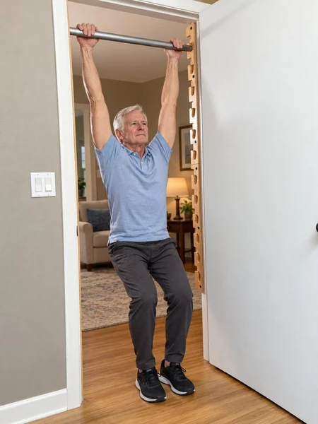 An older man holding the overhead bar with both feet on the floor